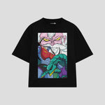 Playera streetwear premium de anime y gaming ExtraLife MX, corte boxy oversized drop shoulder heavyweight en color Deep Black y Off-White, moda urbana mexicana de culto.