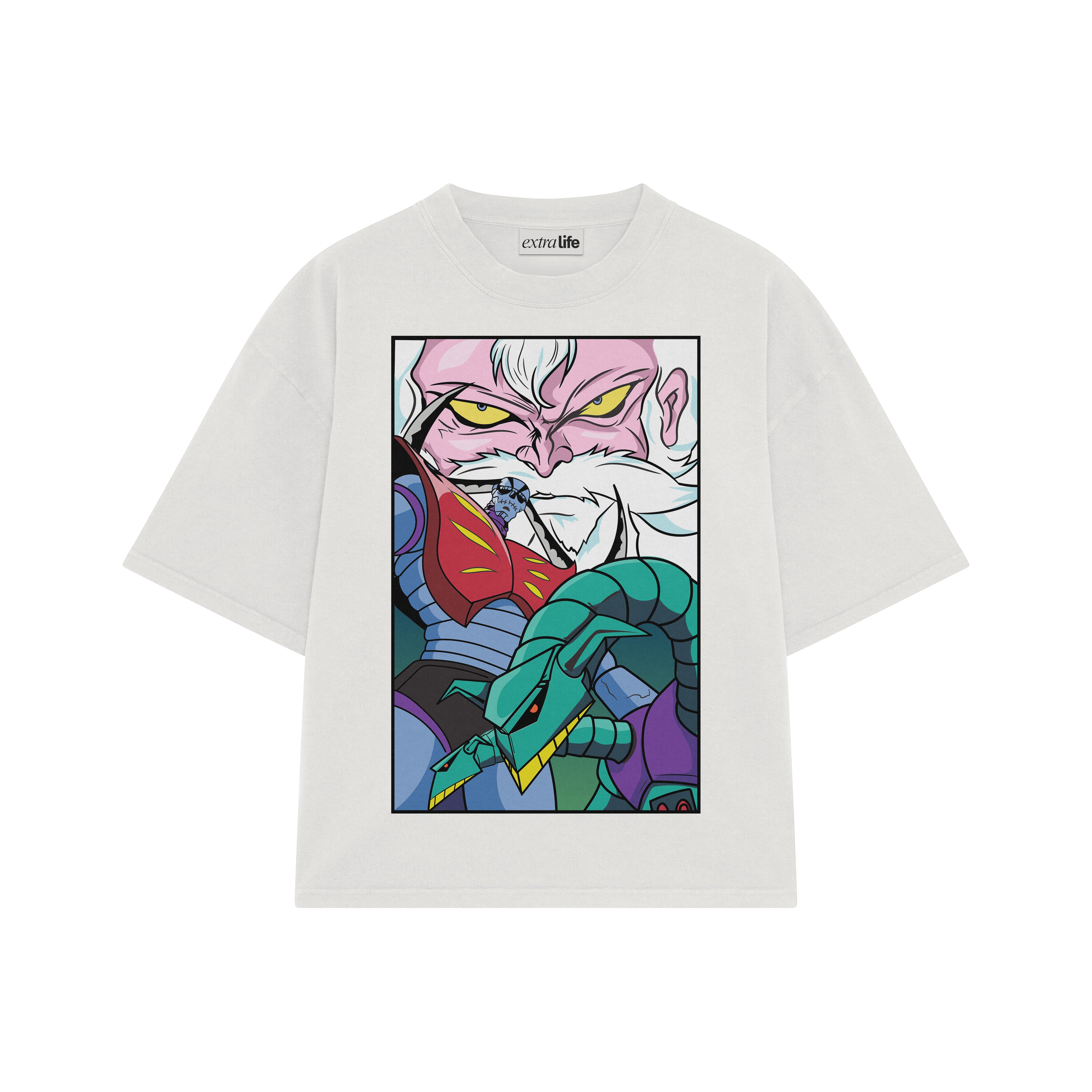 Playera streetwear premium de anime y gaming ExtraLife MX, corte boxy oversized drop shoulder heavyweight en color Deep Black y Off-White, moda urbana mexicana de culto.