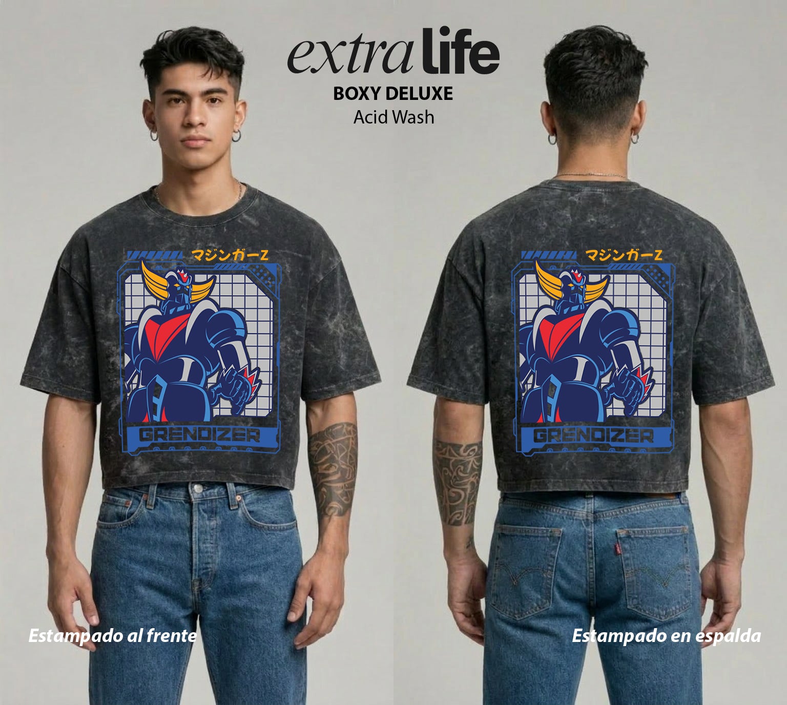 Playera streetwear premium de anime y gaming ExtraLife MX, corte boxy deluxe mineral wash heavyweight en color Acid Wash, moda urbana mexicana de culto.