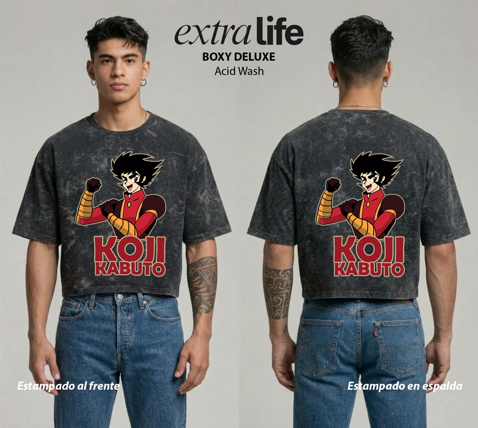 Playera streetwear premium de anime y gaming ExtraLife MX, corte boxy deluxe mineral wash heavyweight en color Acid Wash, moda urbana mexicana de culto.