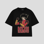 Playera streetwear premium de anime y gaming ExtraLife MX, corte boxy oversized drop shoulder heavyweight en color Deep Black y Off-White, moda urbana mexicana de culto.