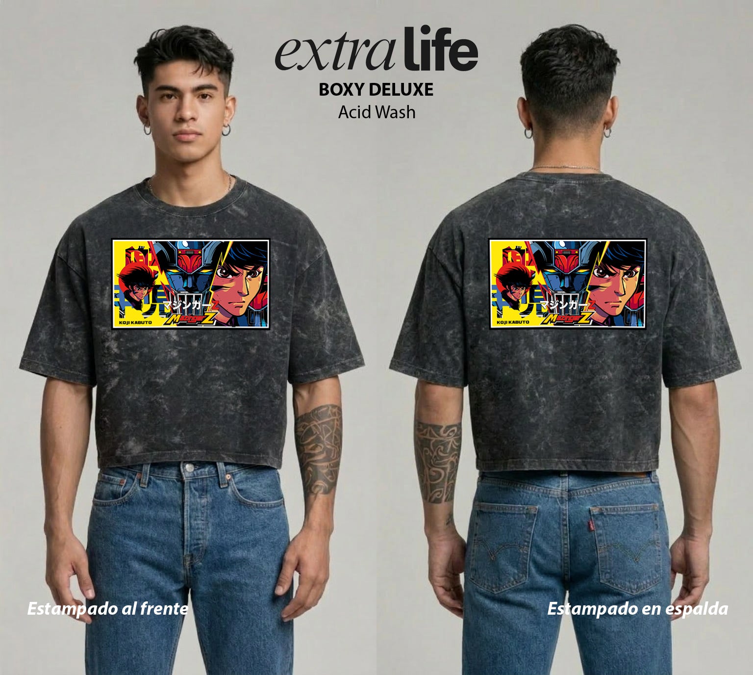Playera streetwear premium de anime y gaming ExtraLife MX, corte boxy deluxe mineral wash heavyweight en color Acid Wash, moda urbana mexicana de culto.