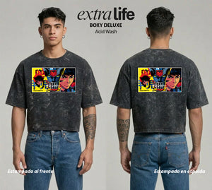 Playera streetwear premium de anime y gaming ExtraLife MX, corte boxy deluxe mineral wash heavyweight en color Acid Wash, moda urbana mexicana de culto.