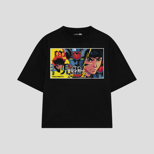 Playera streetwear premium de anime y gaming ExtraLife MX, corte boxy oversized drop shoulder heavyweight en color Deep Black y Off-White, moda urbana mexicana de culto.