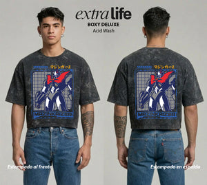 Playera streetwear premium de anime y gaming ExtraLife MX, corte boxy deluxe mineral wash heavyweight en color Acid Wash, moda urbana mexicana de culto.