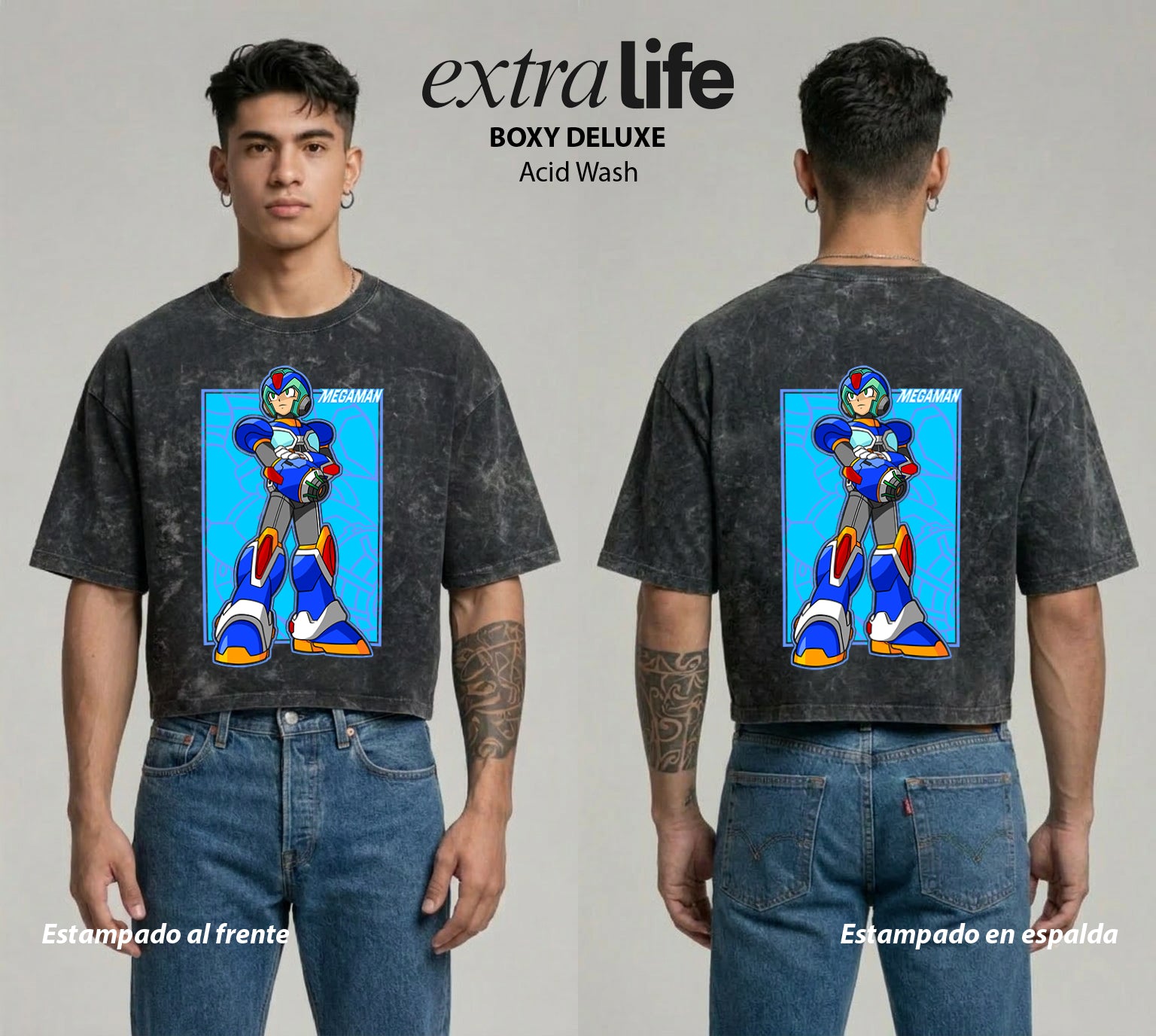 Playera streetwear premium de anime y gaming ExtraLife MX, corte boxy deluxe mineral wash heavyweight en color Acid Wash, moda urbana mexicana de culto.