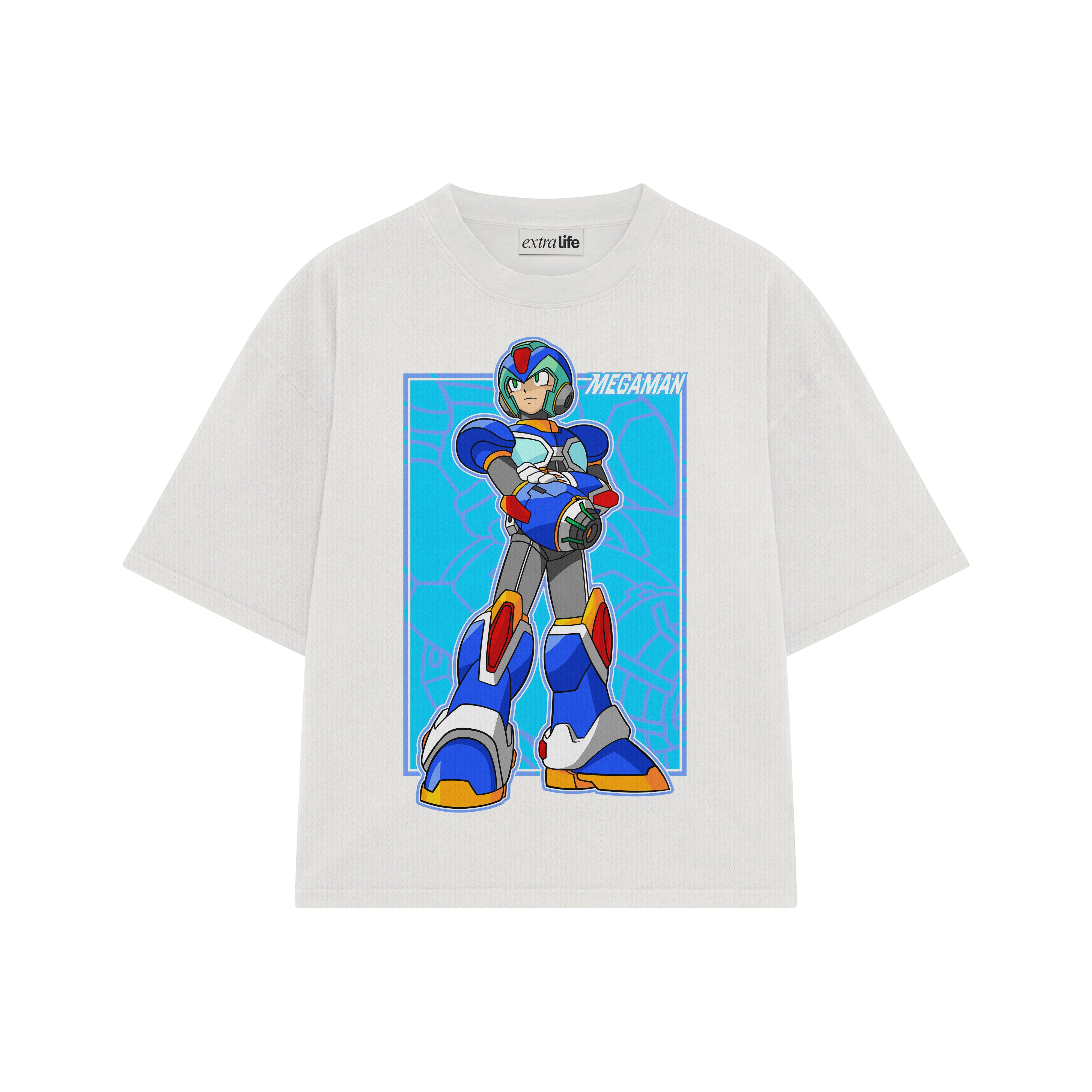 Playera streetwear premium de anime y gaming ExtraLife MX, corte boxy oversized drop shoulder heavyweight en color Deep Black y Off-White, moda urbana mexicana de culto.