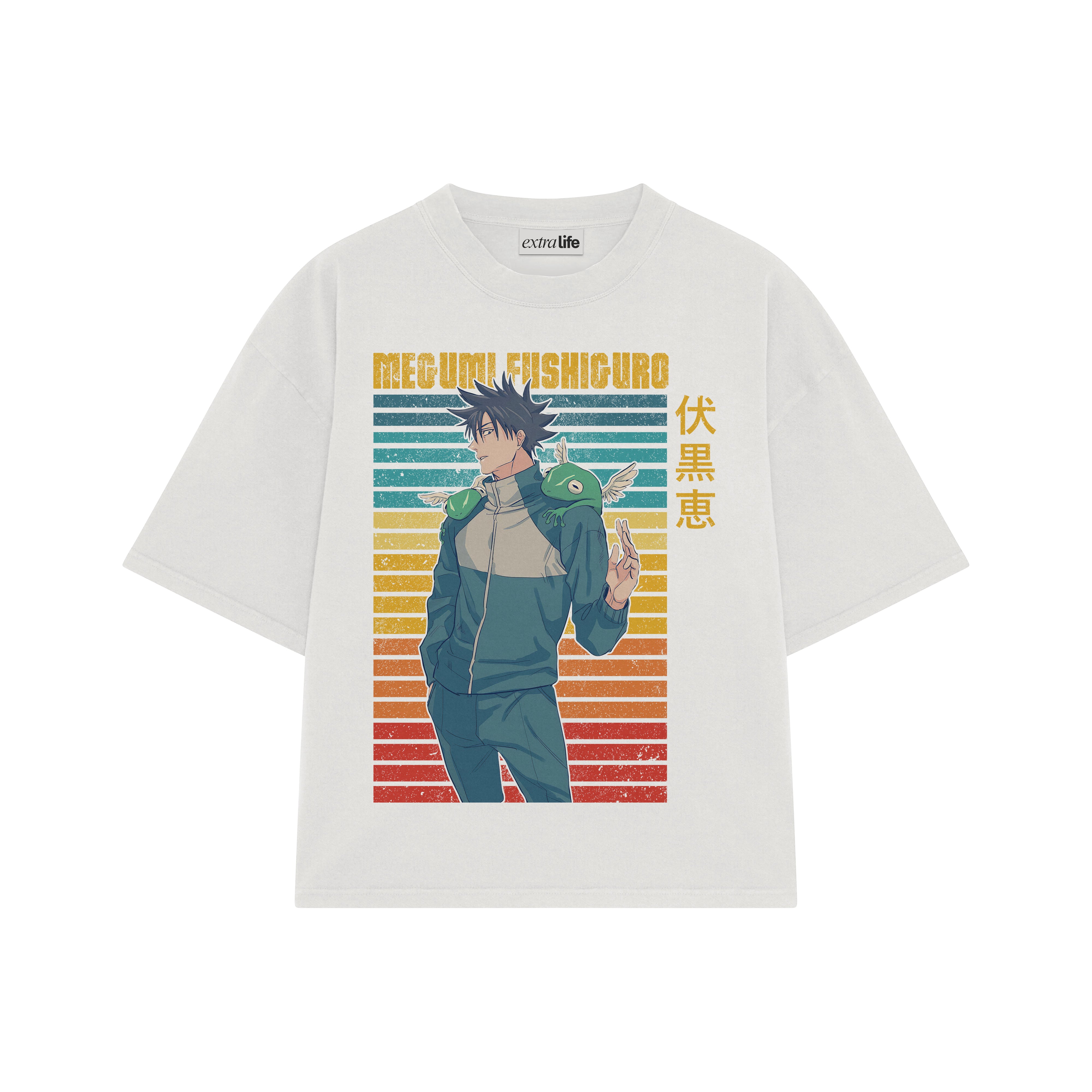 Playera streetwear premium de anime y gaming ExtraLife MX, corte boxy oversized drop shoulder heavyweight en color Deep Black y Off-White, moda urbana mexicana de culto.