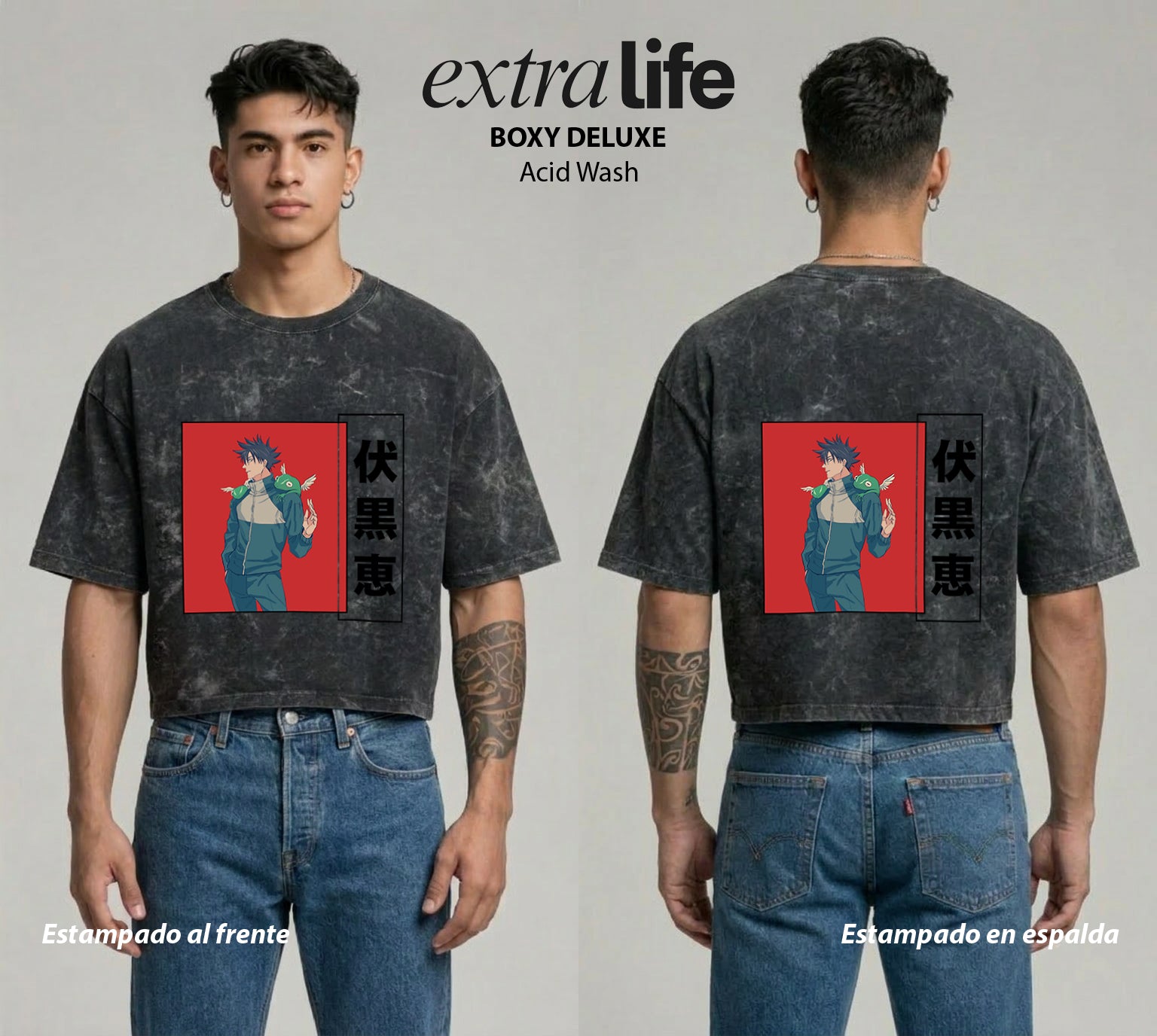 Playera streetwear premium de anime y gaming ExtraLife MX, corte boxy deluxe mineral wash heavyweight en color Acid Wash, moda urbana mexicana de culto.