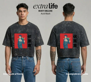 Playera streetwear premium de anime y gaming ExtraLife MX, corte boxy deluxe mineral wash heavyweight en color Acid Wash, moda urbana mexicana de culto.