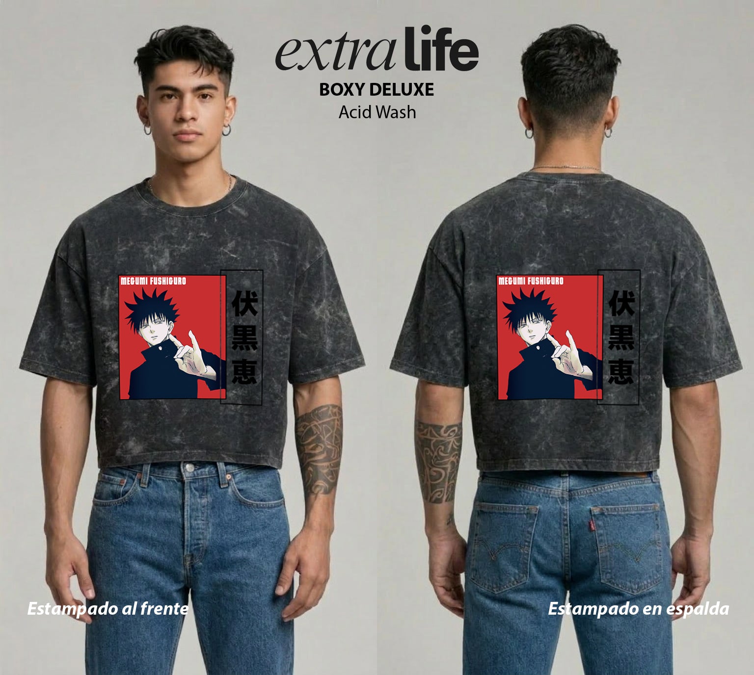 Playera streetwear premium de anime y gaming ExtraLife MX, corte boxy deluxe mineral wash heavyweight en color Acid Wash, moda urbana mexicana de culto.