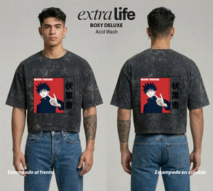 Playera streetwear premium de anime y gaming ExtraLife MX, corte boxy deluxe mineral wash heavyweight en color Acid Wash, moda urbana mexicana de culto.