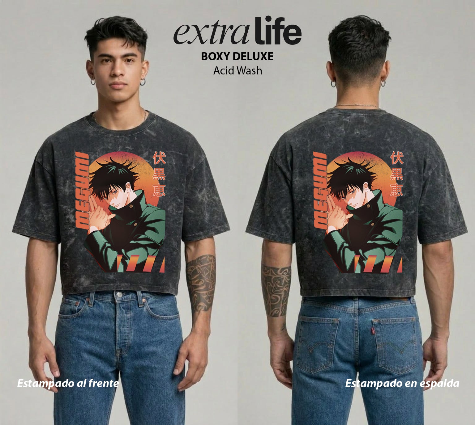 Playera streetwear premium de anime y gaming ExtraLife MX, corte boxy deluxe mineral wash heavyweight en color Acid Wash, moda urbana mexicana de culto.