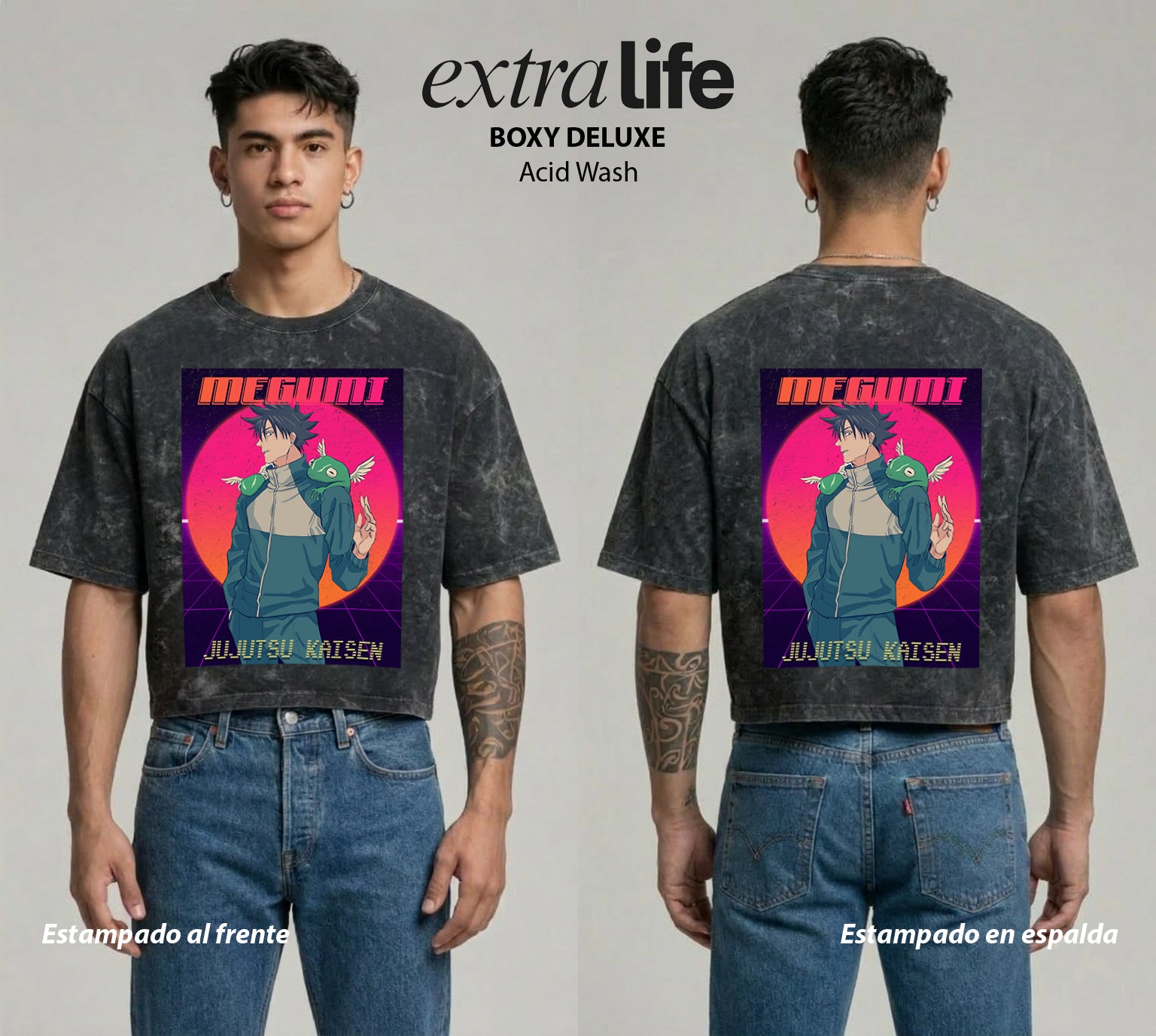 Playera streetwear premium de anime y gaming ExtraLife MX, corte boxy deluxe mineral wash heavyweight en color Acid Wash, moda urbana mexicana de culto.