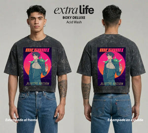 Playera streetwear premium de anime y gaming ExtraLife MX, corte boxy deluxe mineral wash heavyweight en color Acid Wash, moda urbana mexicana de culto.