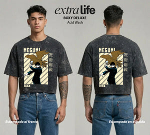 Playera streetwear premium de anime y gaming ExtraLife MX, corte boxy deluxe mineral wash heavyweight en color Acid Wash, moda urbana mexicana de culto.