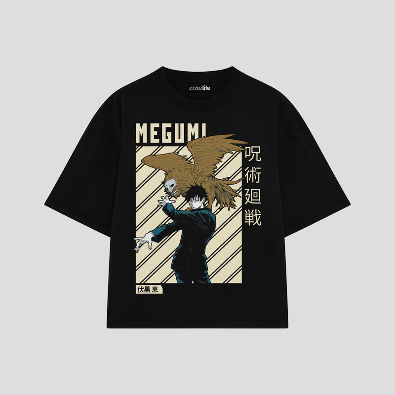 Playera streetwear premium de anime y gaming ExtraLife MX, corte boxy oversized drop shoulder heavyweight en color Deep Black y Off-White, moda urbana mexicana de culto.