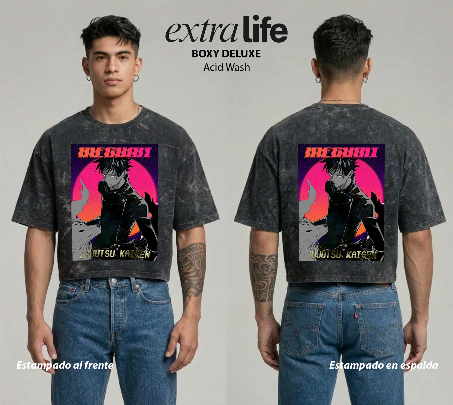 Playera streetwear premium de anime y gaming ExtraLife MX, corte boxy deluxe mineral wash heavyweight en color Acid Wash, moda urbana mexicana de culto.