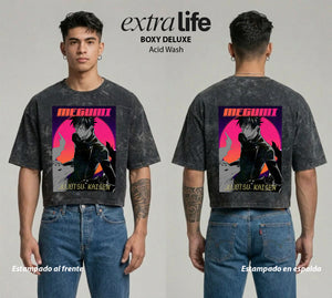 Playera streetwear premium de anime y gaming ExtraLife MX, corte boxy deluxe mineral wash heavyweight en color Acid Wash, moda urbana mexicana de culto.