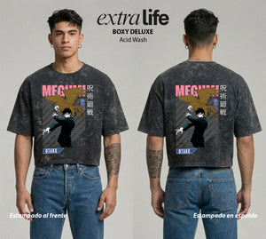 Playera streetwear premium de anime y gaming ExtraLife MX, corte boxy deluxe mineral wash heavyweight en color Acid Wash, moda urbana mexicana de culto.