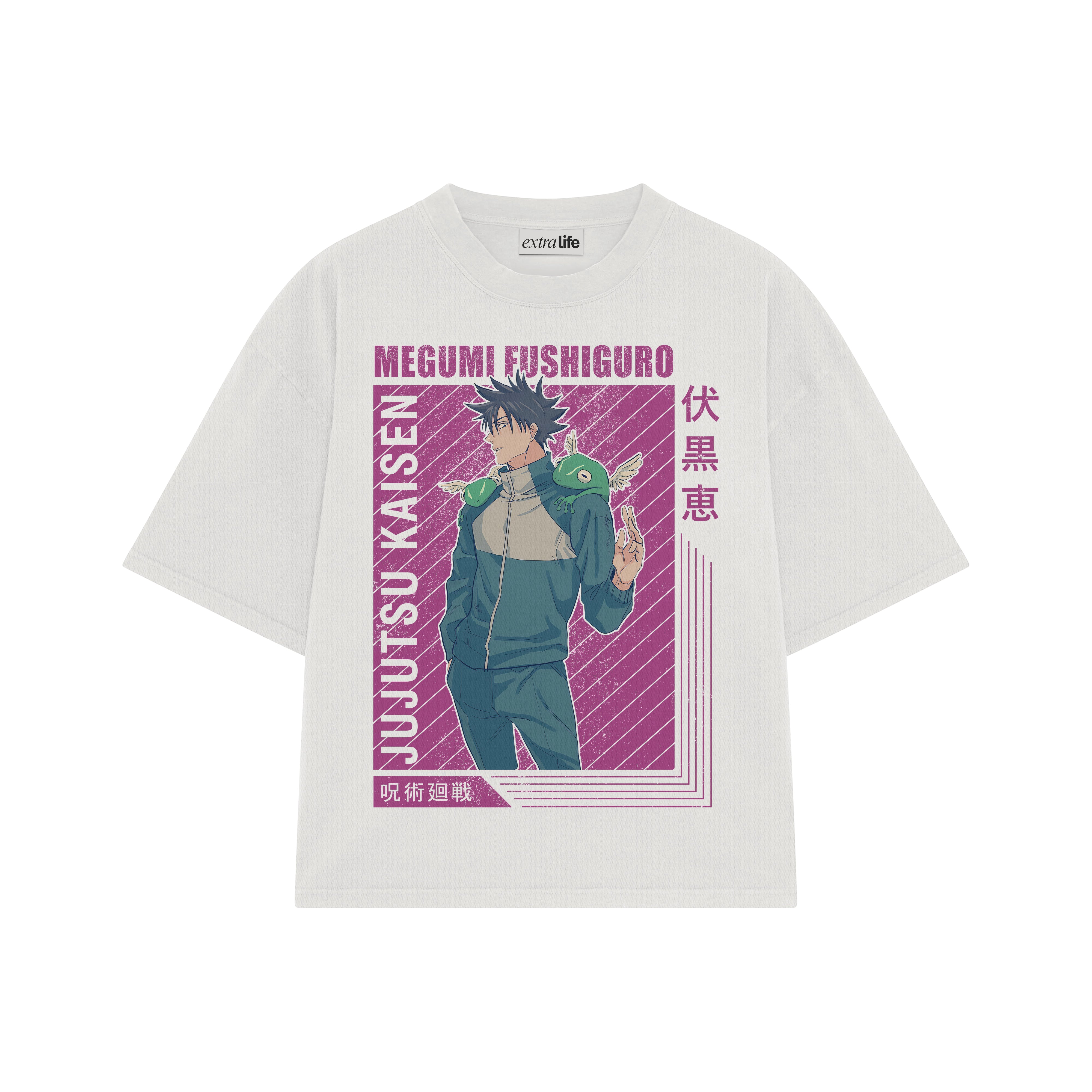Playera streetwear premium de anime y gaming ExtraLife MX, corte boxy oversized drop shoulder heavyweight en color Deep Black y Off-White, moda urbana mexicana de culto.