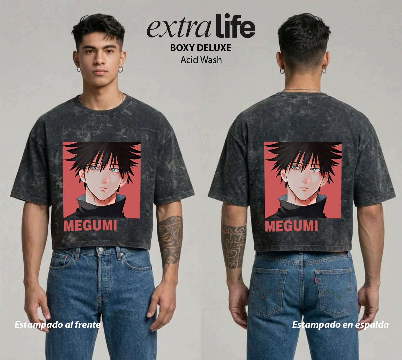Playera streetwear premium de anime y gaming ExtraLife MX, corte boxy deluxe mineral wash heavyweight en color Acid Wash, moda urbana mexicana de culto.