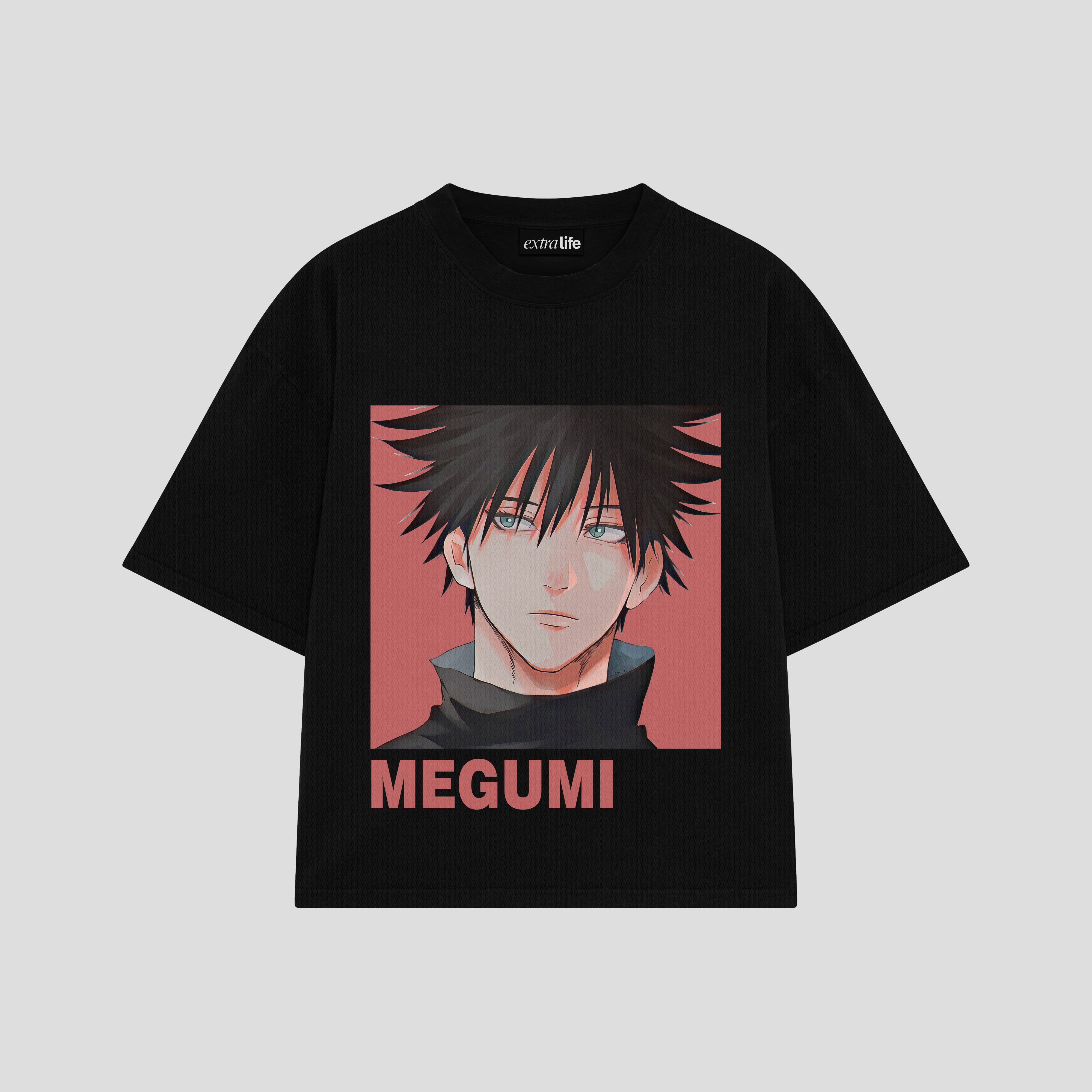 Playera streetwear premium de anime y gaming ExtraLife MX, corte boxy oversized drop shoulder heavyweight en color Deep Black y Off-White, moda urbana mexicana de culto.