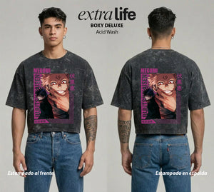 Playera streetwear premium de anime y gaming ExtraLife MX, corte boxy deluxe mineral wash heavyweight en color Acid Wash, moda urbana mexicana de culto.