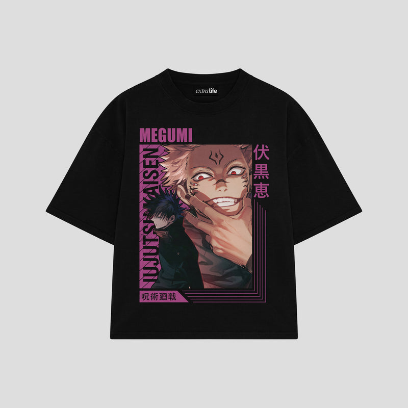 Playera streetwear premium de anime y gaming ExtraLife MX, corte boxy oversized drop shoulder heavyweight en color Deep Black y Off-White, moda urbana mexicana de culto.
