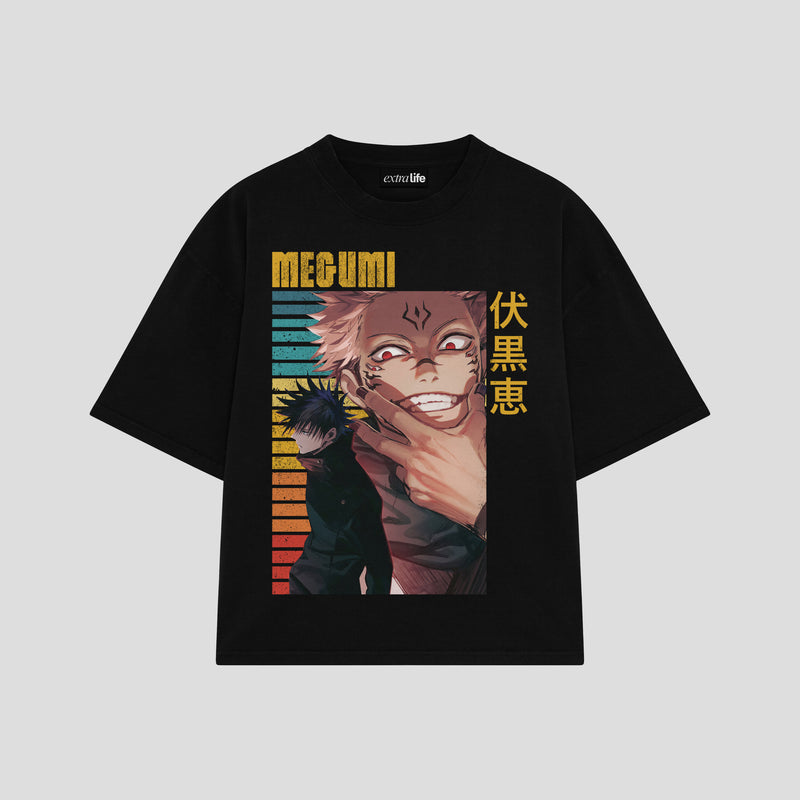 Playera streetwear premium de anime y gaming ExtraLife MX, corte boxy oversized drop shoulder heavyweight en color Deep Black y Off-White, moda urbana mexicana de culto.