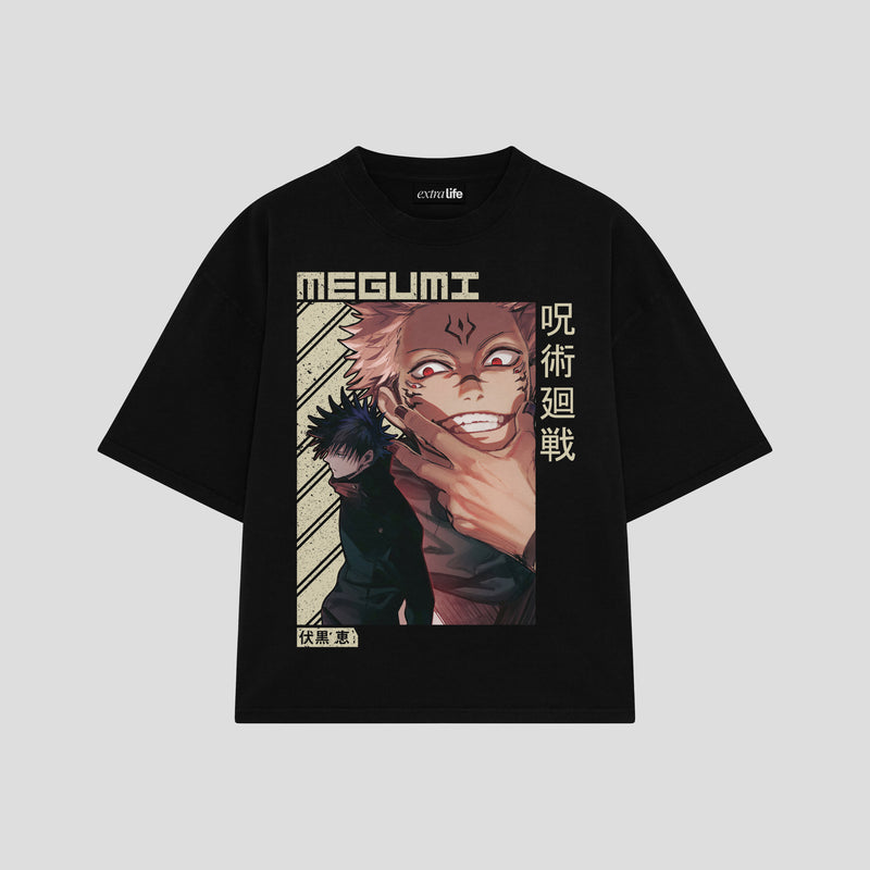 Playera streetwear premium de anime y gaming ExtraLife MX, corte boxy oversized drop shoulder heavyweight en color Deep Black y Off-White, moda urbana mexicana de culto.