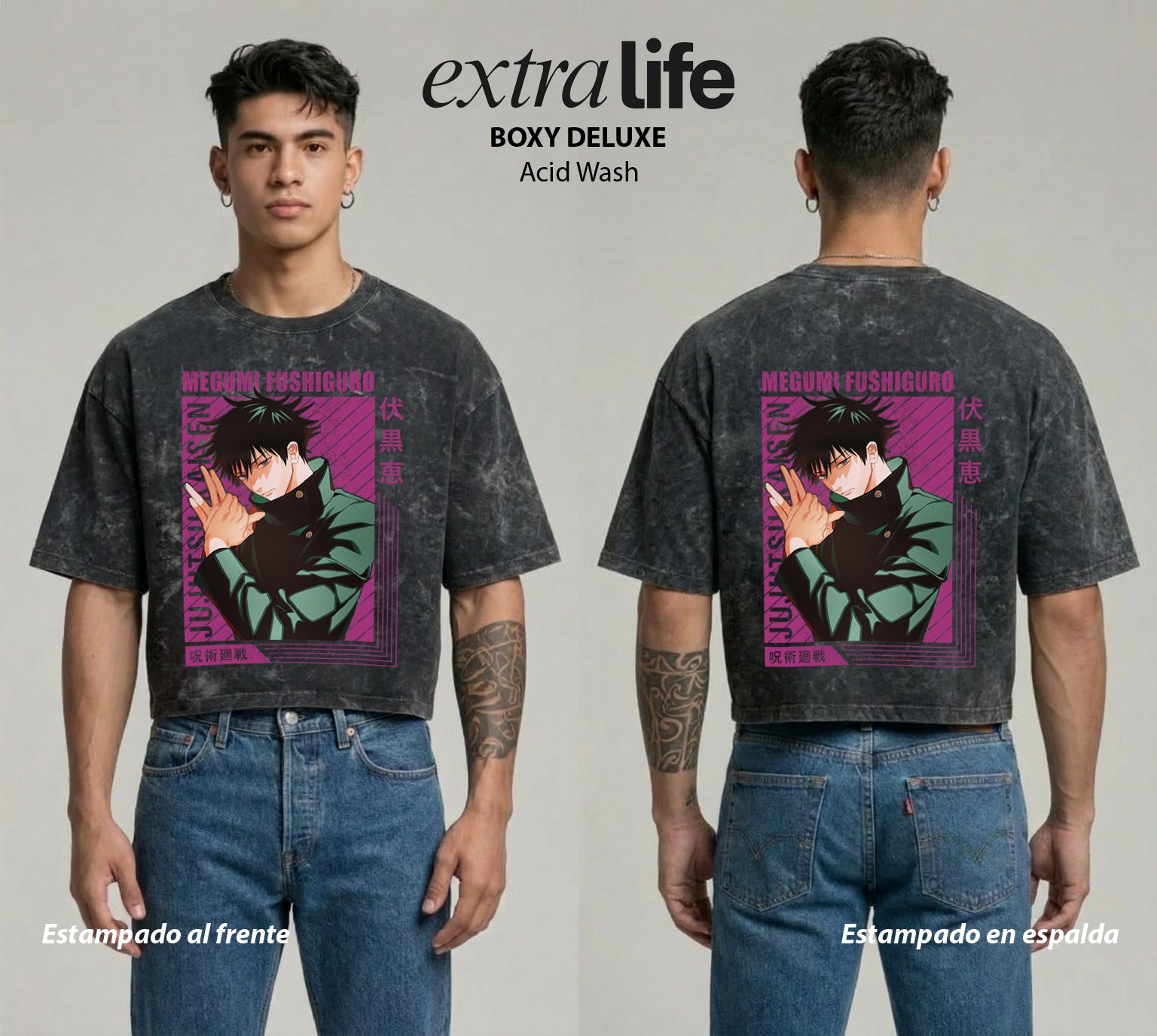 Playera streetwear premium de anime y gaming ExtraLife MX, corte boxy deluxe mineral wash heavyweight en color Acid Wash, moda urbana mexicana de culto.