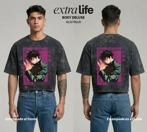 Playera streetwear premium de anime y gaming ExtraLife MX, corte boxy deluxe mineral wash heavyweight en color Acid Wash, moda urbana mexicana de culto.