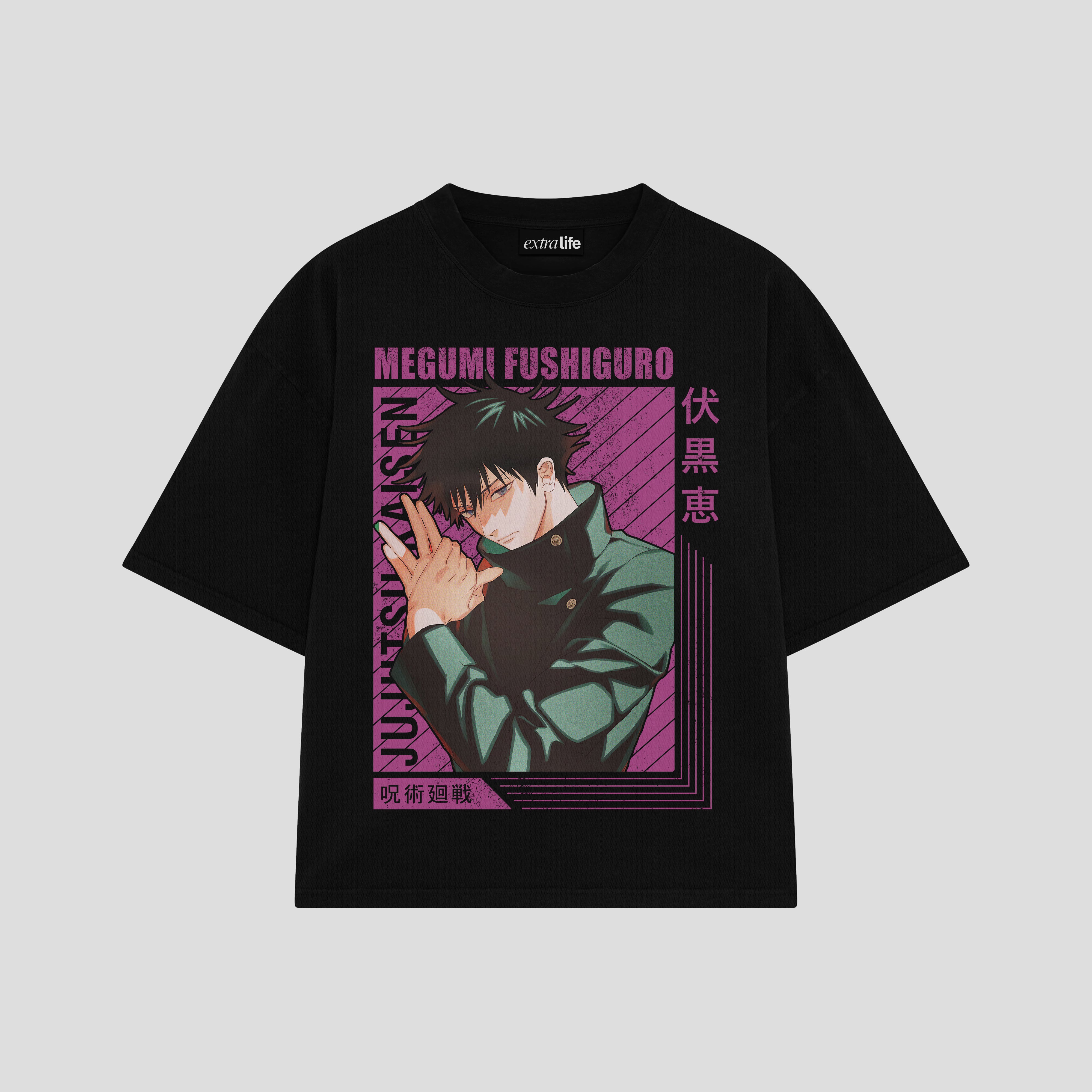 Playera streetwear premium de anime y gaming ExtraLife MX, corte boxy oversized drop shoulder heavyweight en color Deep Black y Off-White, moda urbana mexicana de culto.
