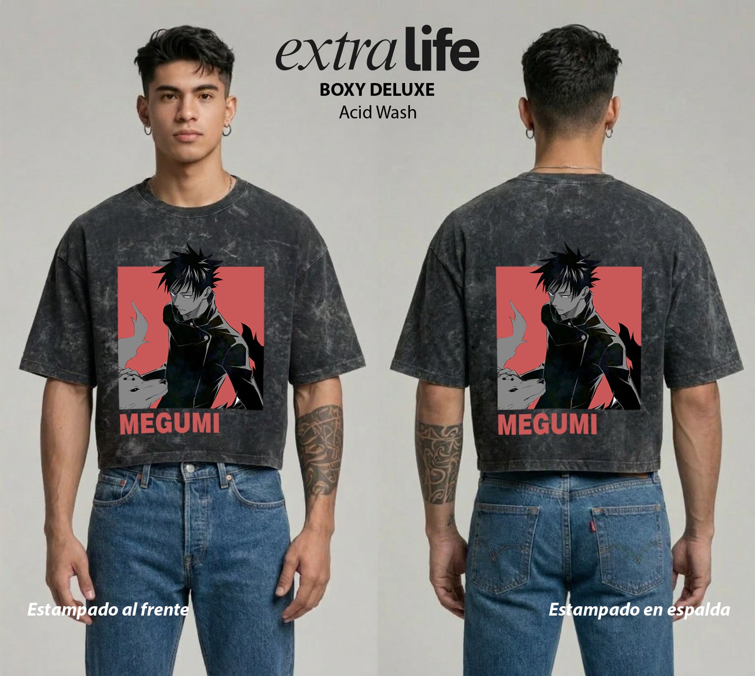 Playera streetwear premium de anime y gaming ExtraLife MX, corte boxy deluxe mineral wash heavyweight en color Acid Wash, moda urbana mexicana de culto.