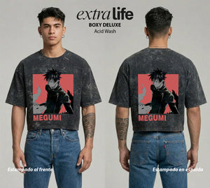 Playera streetwear premium de anime y gaming ExtraLife MX, corte boxy deluxe mineral wash heavyweight en color Acid Wash, moda urbana mexicana de culto.