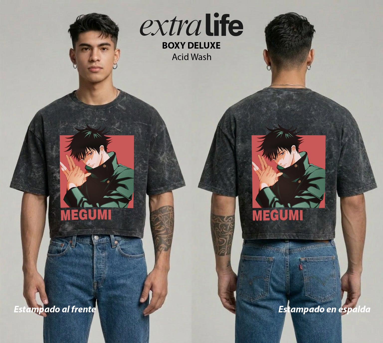 Playera streetwear premium de anime y gaming ExtraLife MX, corte boxy deluxe mineral wash heavyweight en color Acid Wash, moda urbana mexicana de culto.