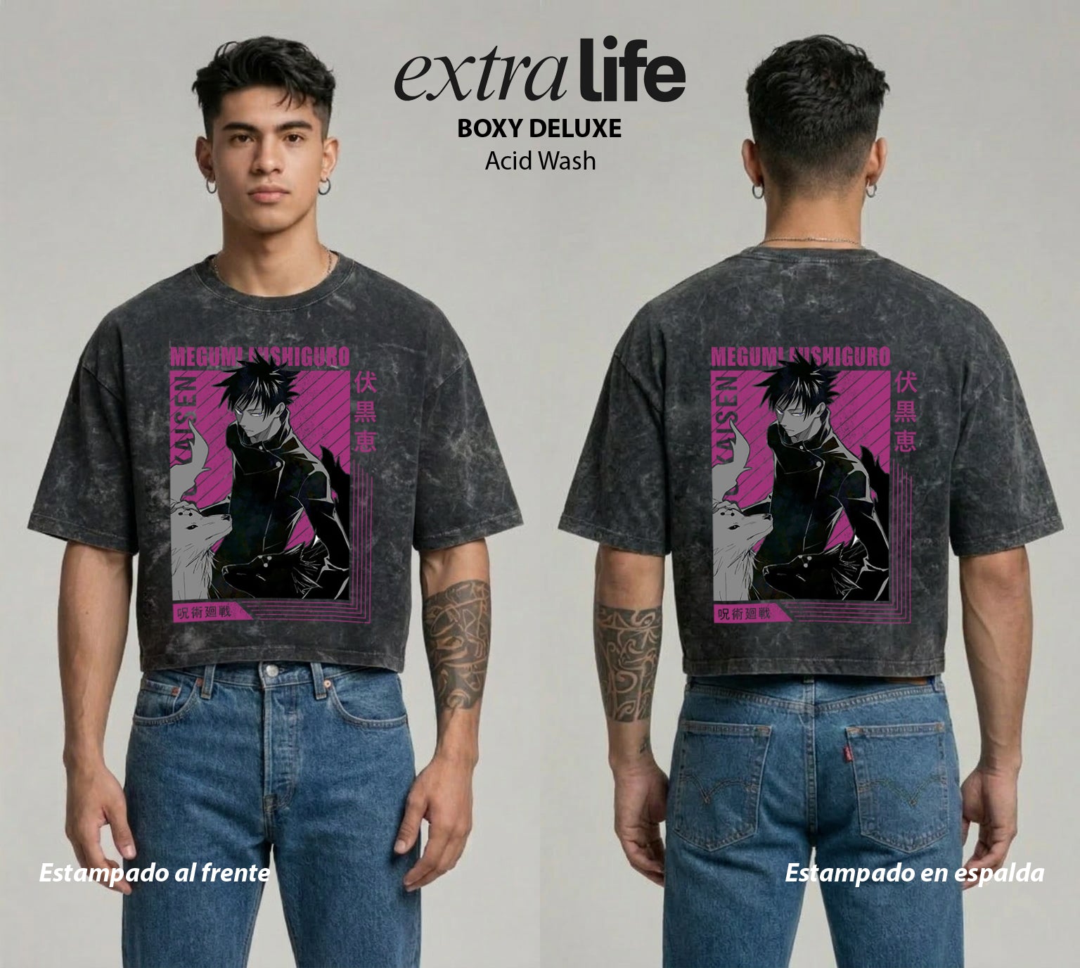 Playera streetwear premium de anime y gaming ExtraLife MX, corte boxy deluxe mineral wash heavyweight en color Acid Wash, moda urbana mexicana de culto.