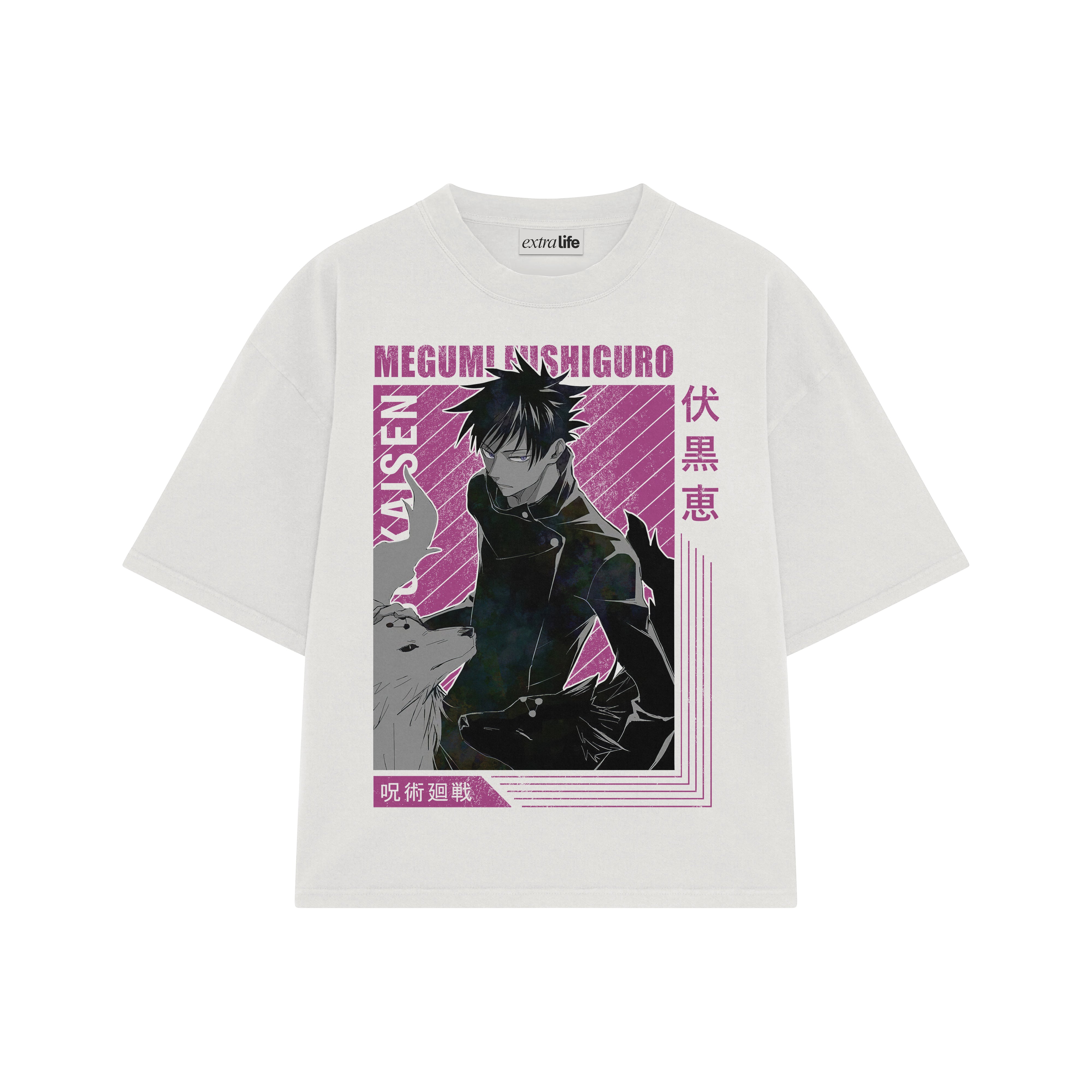 Playera streetwear premium de anime y gaming ExtraLife MX, corte boxy oversized drop shoulder heavyweight en color Deep Black y Off-White, moda urbana mexicana de culto.