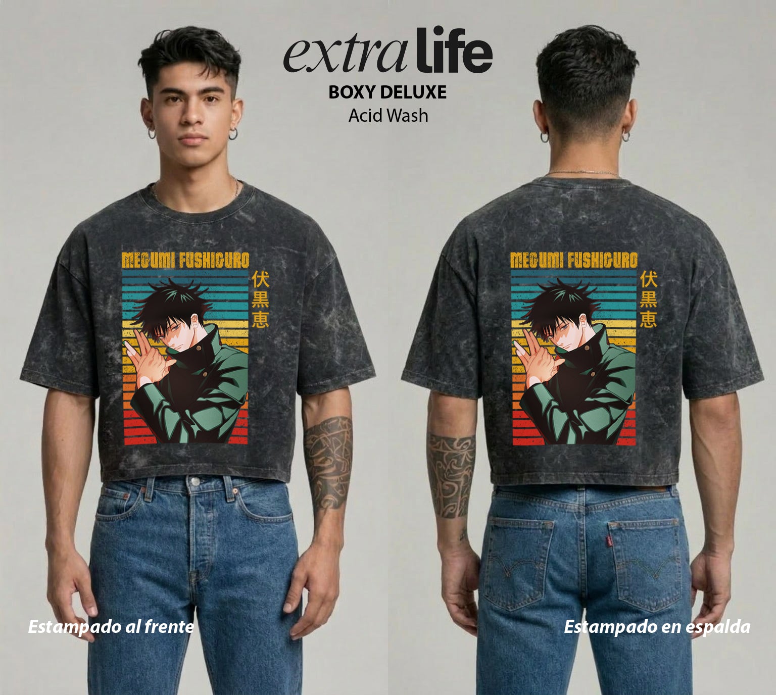 Playera streetwear premium de anime y gaming ExtraLife MX, corte boxy deluxe mineral wash heavyweight en color Acid Wash, moda urbana mexicana de culto.