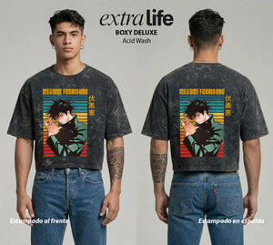 Playera streetwear premium de anime y gaming ExtraLife MX, corte boxy deluxe mineral wash heavyweight en color Acid Wash, moda urbana mexicana de culto.