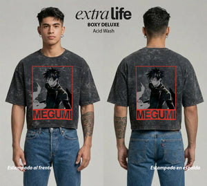 Playera streetwear premium de anime y gaming ExtraLife MX, corte boxy deluxe mineral wash heavyweight en color Acid Wash, moda urbana mexicana de culto.