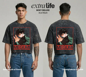 Playera streetwear premium de anime y gaming ExtraLife MX, corte boxy deluxe mineral wash heavyweight en color Acid Wash, moda urbana mexicana de culto.