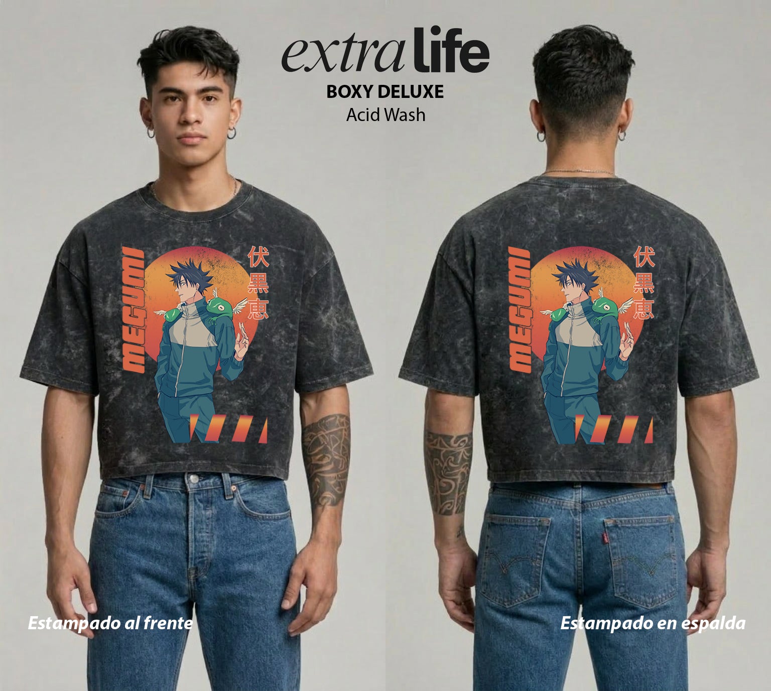 Playera streetwear premium de anime y gaming ExtraLife MX, corte boxy deluxe mineral wash heavyweight en color Acid Wash, moda urbana mexicana de culto.