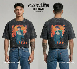 Playera streetwear premium de anime y gaming ExtraLife MX, corte boxy deluxe mineral wash heavyweight en color Acid Wash, moda urbana mexicana de culto.