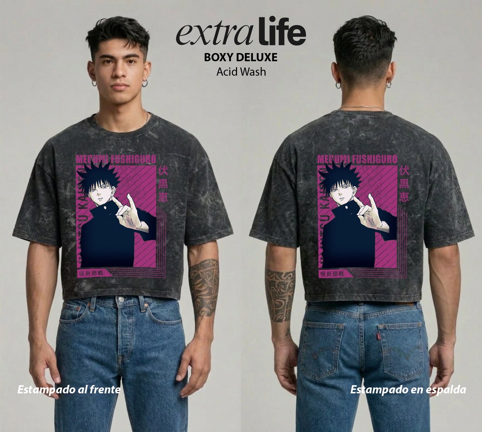 Playera streetwear premium de anime y gaming ExtraLife MX, corte boxy deluxe mineral wash heavyweight en color Acid Wash, moda urbana mexicana de culto.