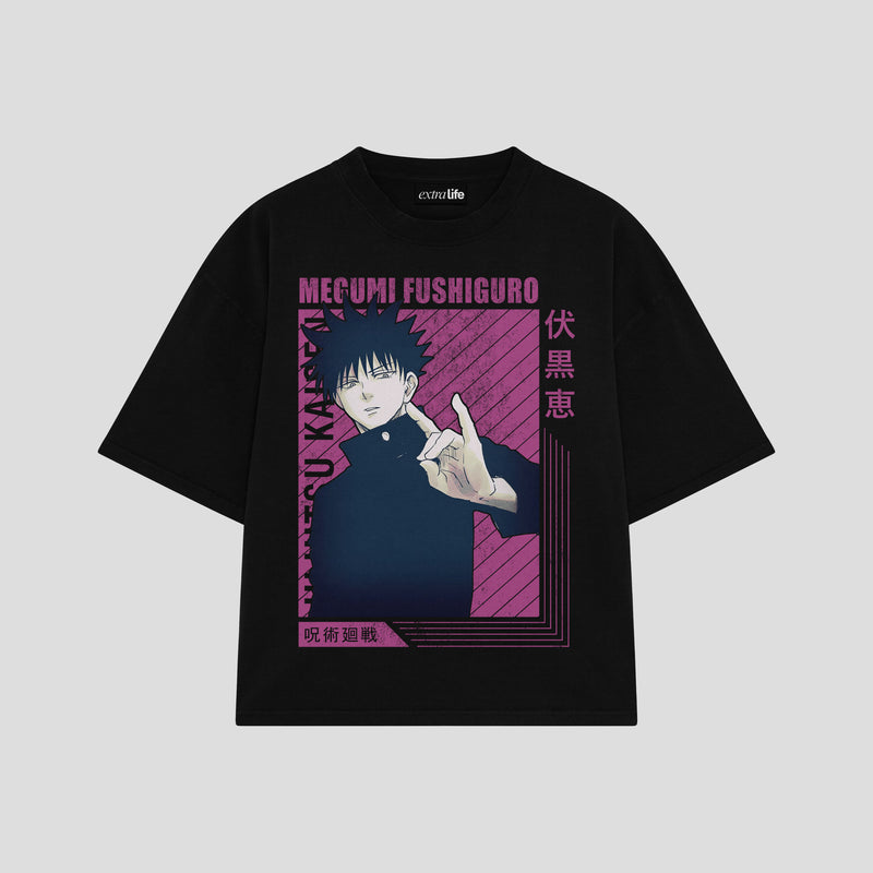 Playera streetwear premium de anime y gaming ExtraLife MX, corte boxy oversized drop shoulder heavyweight en color Deep Black y Off-White, moda urbana mexicana de culto.
