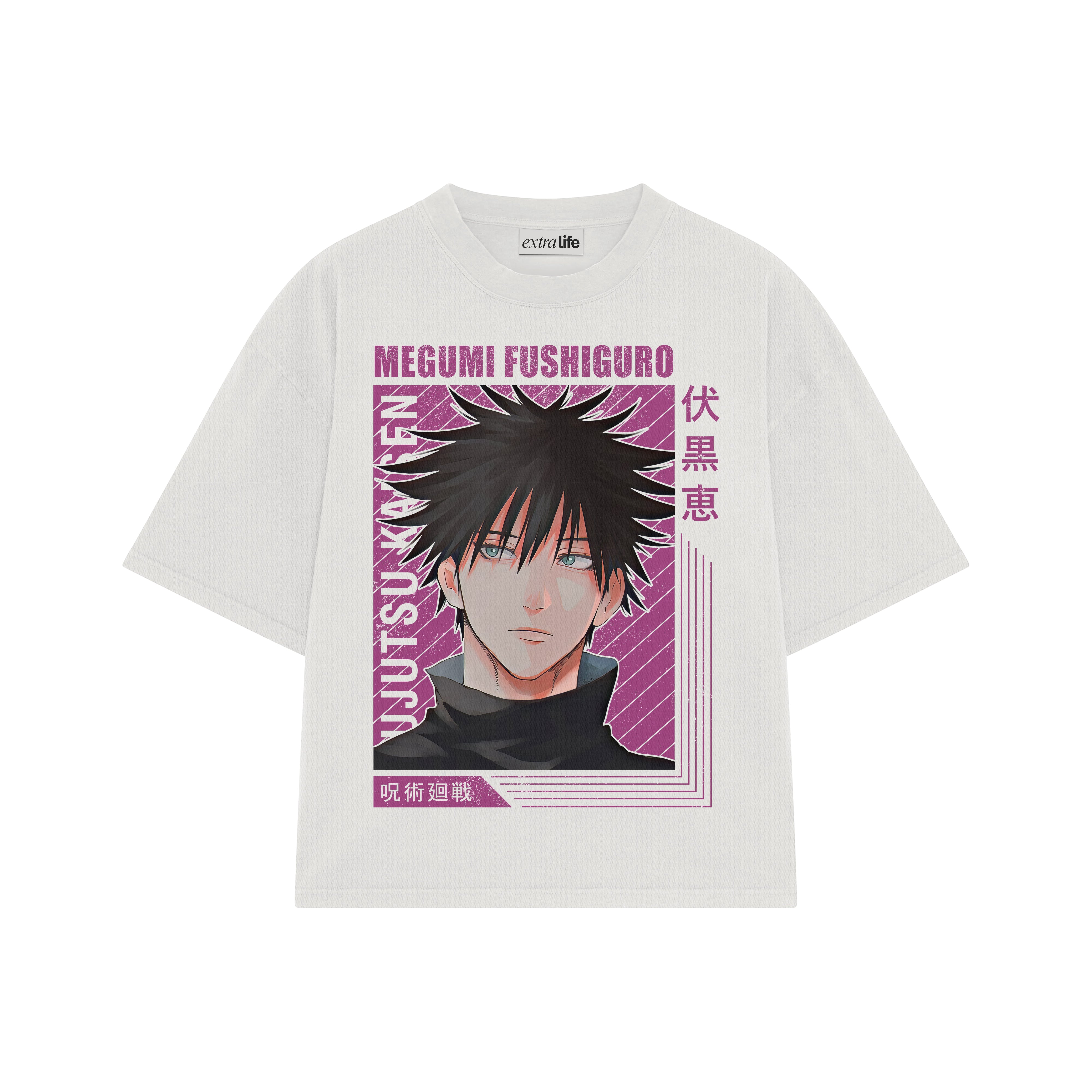 Playera streetwear premium de anime y gaming ExtraLife MX, corte boxy oversized drop shoulder heavyweight en color Deep Black y Off-White, moda urbana mexicana de culto.
