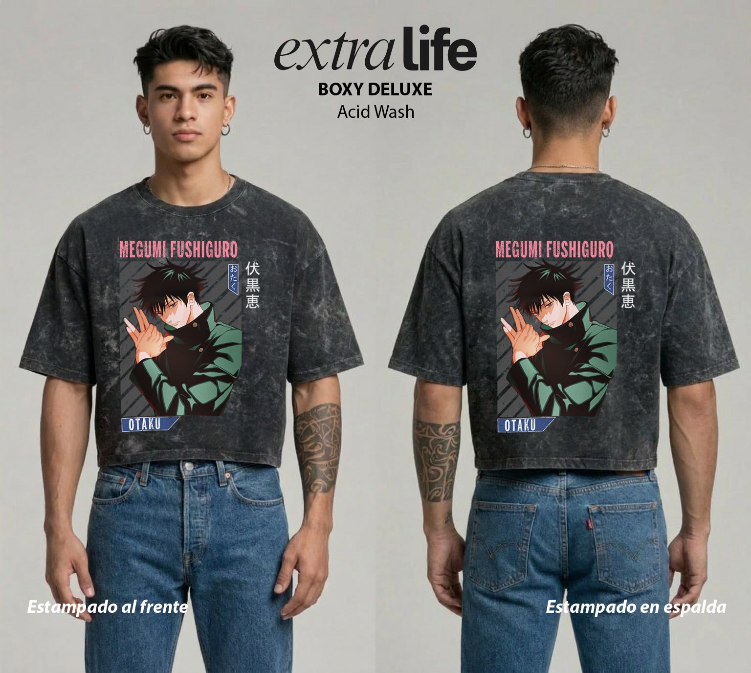Playera streetwear premium de anime y gaming ExtraLife MX, corte boxy deluxe mineral wash heavyweight en color Acid Wash, moda urbana mexicana de culto.