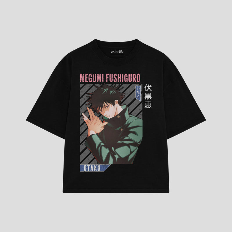 Playera streetwear premium de anime y gaming ExtraLife MX, corte boxy oversized drop shoulder heavyweight en color Deep Black y Off-White, moda urbana mexicana de culto.